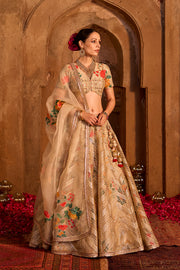 Iqra- Gold chanderi lehenga with hand embroidered blouse and organza dupatta (set of 3)