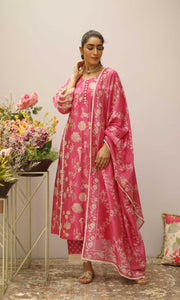 Delara Set- Pink chanderi Digital kurta with block printed salwar and dupatta (set of 3)