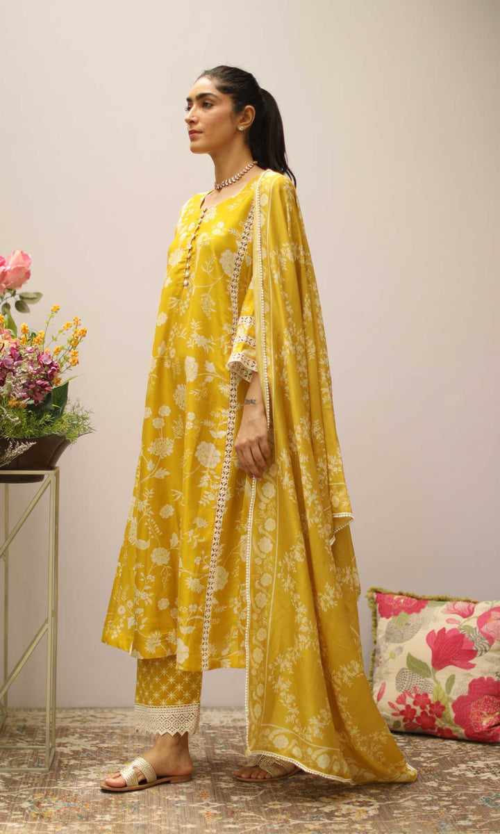 Delara Set- Mustard chanderi Digital kurta with block printed salwar and dupatta (set of 3)