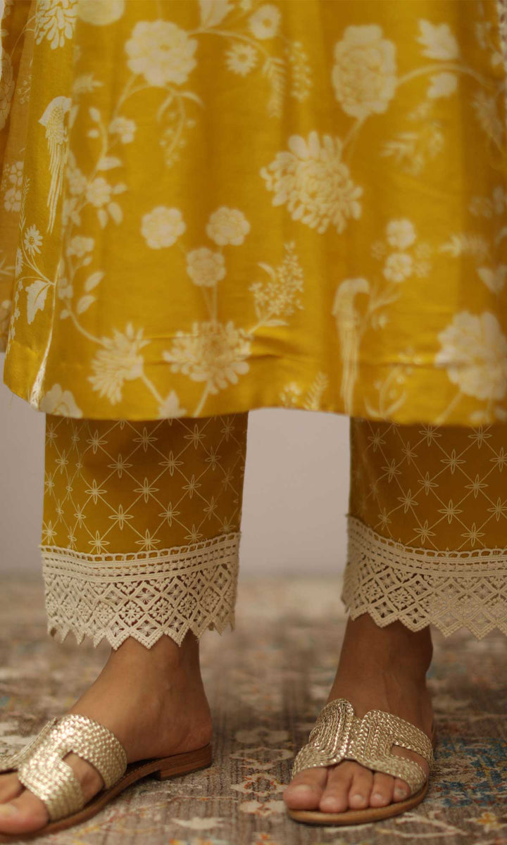 Delara Set- Mustard chanderi Digital kurta with block printed salwar and dupatta (set of 3)