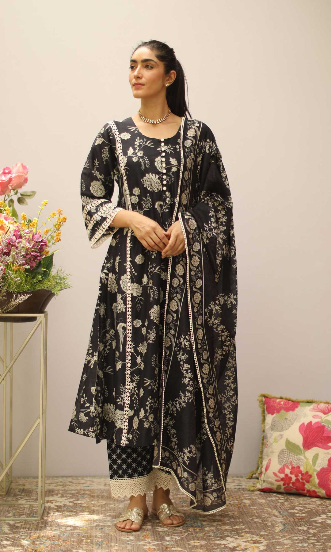 Delara Set- Mustard chanderi Digital kurta with block printed salwar and dupatta (set of 3)