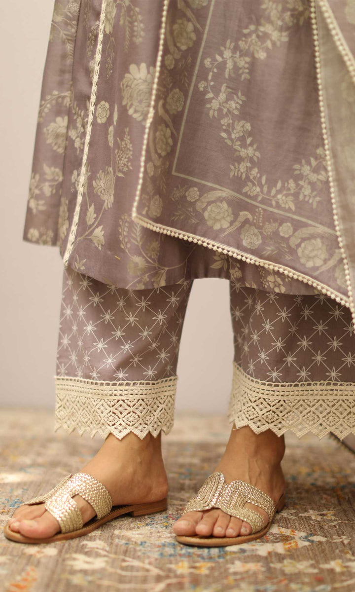Delara Set- Mustard chanderi Digital kurta with block printed salwar and dupatta (set of 3)
