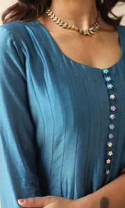 Rasbhari Set- Teal Blue chanderi double layered anarkali with hand embroidered pants and dupatta (set of 4)