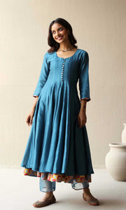 Rasbhari Set- Teal Blue chanderi double layered anarkali with hand embroidered pants and dupatta (set of 4)