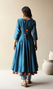 Rasbhari Set- Teal Blue chanderi double layered anarkali with hand embroidered pants and dupatta (set of 4)