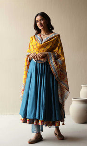 Rasbhari Set- Teal Blue chanderi double layered anarkali with hand embroidered pants and dupatta (set of 4)