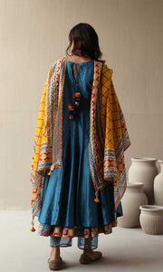 Rasbhari Set- Teal Blue chanderi double layered anarkali with hand embroidered pants and dupatta (set of 4)