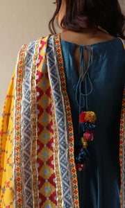 Rasbhari Set- Teal Blue chanderi double layered anarkali with hand embroidered pants and dupatta (set of 4)