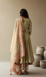 Rasbhari Set- Teal Blue chanderi double layered anarkali with hand embroidered pants and dupatta (set of 4)