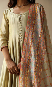Rasbhari Set- Teal Blue chanderi double layered anarkali with hand embroidered pants and dupatta (set of 4)