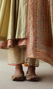 Rasbhari Set- Teal Blue chanderi double layered anarkali with hand embroidered pants and dupatta (set of 4)