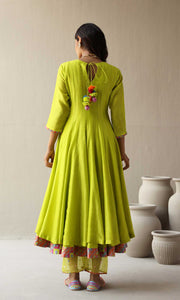 Rasbhari Set- Teal Blue chanderi double layered anarkali with hand embroidered pants and dupatta (set of 4)