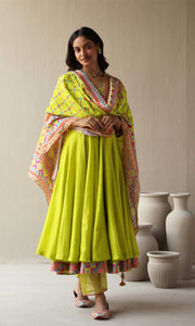 Rasbhari Set- Teal Blue chanderi double layered anarkali with hand embroidered pants and dupatta (set of 4)