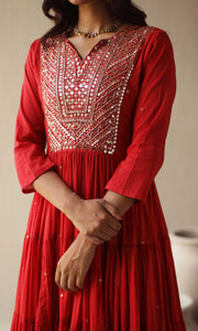Maira Set- Red mulmul hand embroidered kurta with pants and dupatta (set of 3)