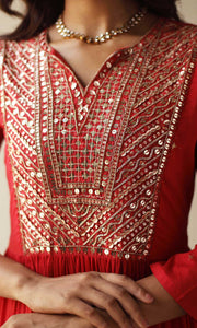 Maira Set- Red mulmul hand embroidered kurta with pants and dupatta (set of 3)