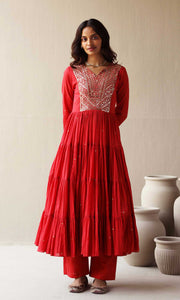 Maira Set- Red mulmul hand embroidered kurta with pants and dupatta (set of 3)