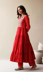 Maira Set- Red mulmul hand embroidered kurta with pants and dupatta (set of 3)