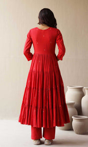 Maira Set- Red mulmul hand embroidered kurta with pants and dupatta (set of 3)