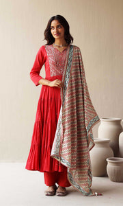 Maira Set- Red mulmul hand embroidered kurta with pants and dupatta (set of 3)