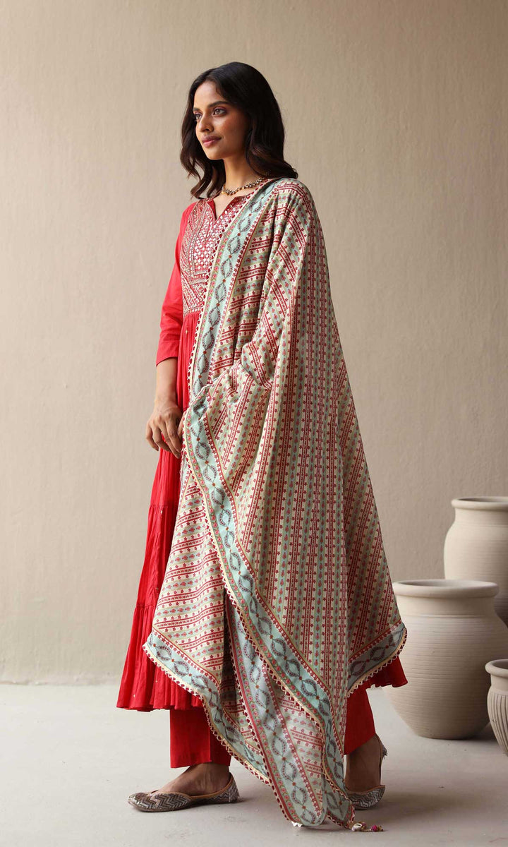 Maira Set- Red mulmul hand embroidered kurta with pants and dupatta (set of 3)