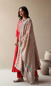 Maira Set- Red mulmul hand embroidered kurta with pants and dupatta (set of 3)