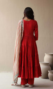 Maira Set- Red mulmul hand embroidered kurta with pants and dupatta (set of 3)