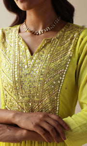 Maira Set- Mustard mulmul hand embroidered kurta with pants and dupatta (set of 3)