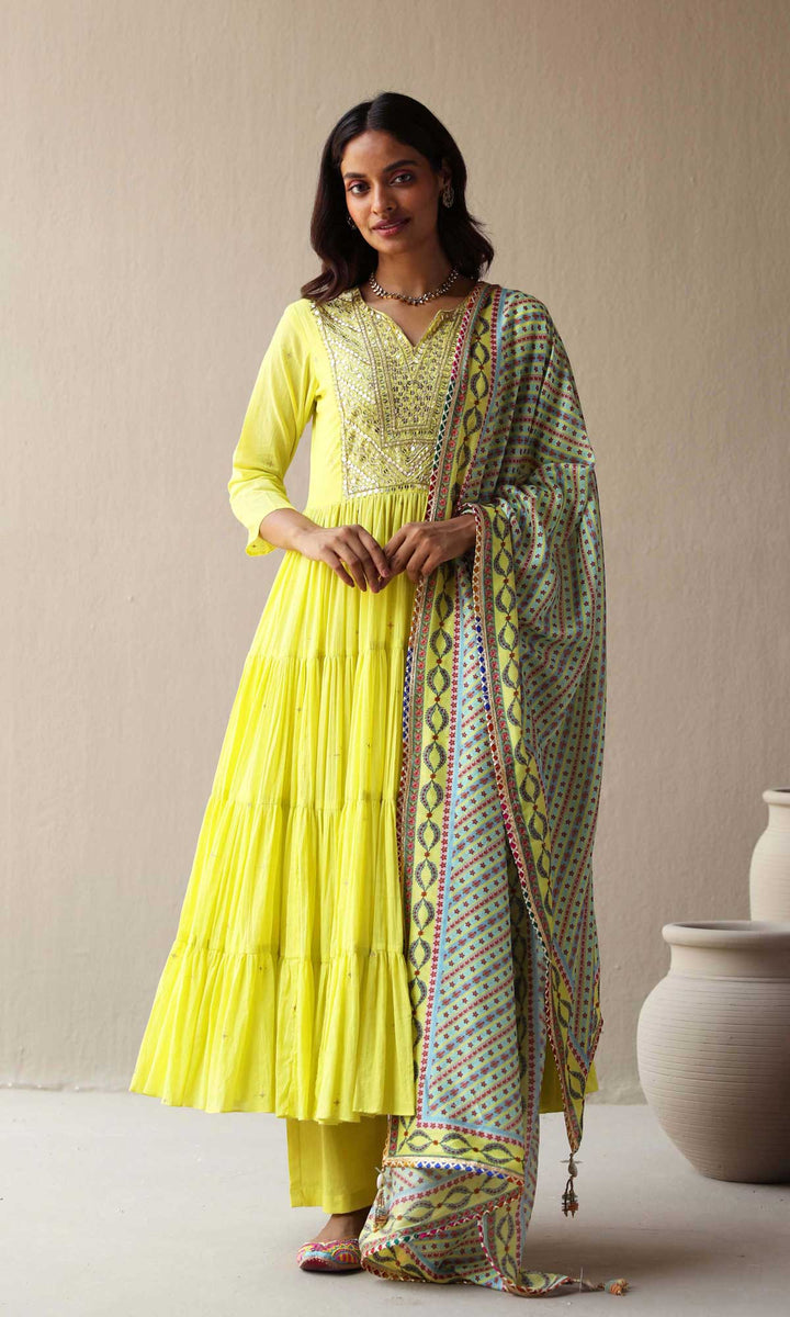 Maira Set- Baby Lime mulmul hand embroidered kurta with pants and dupatta (set of 3)
