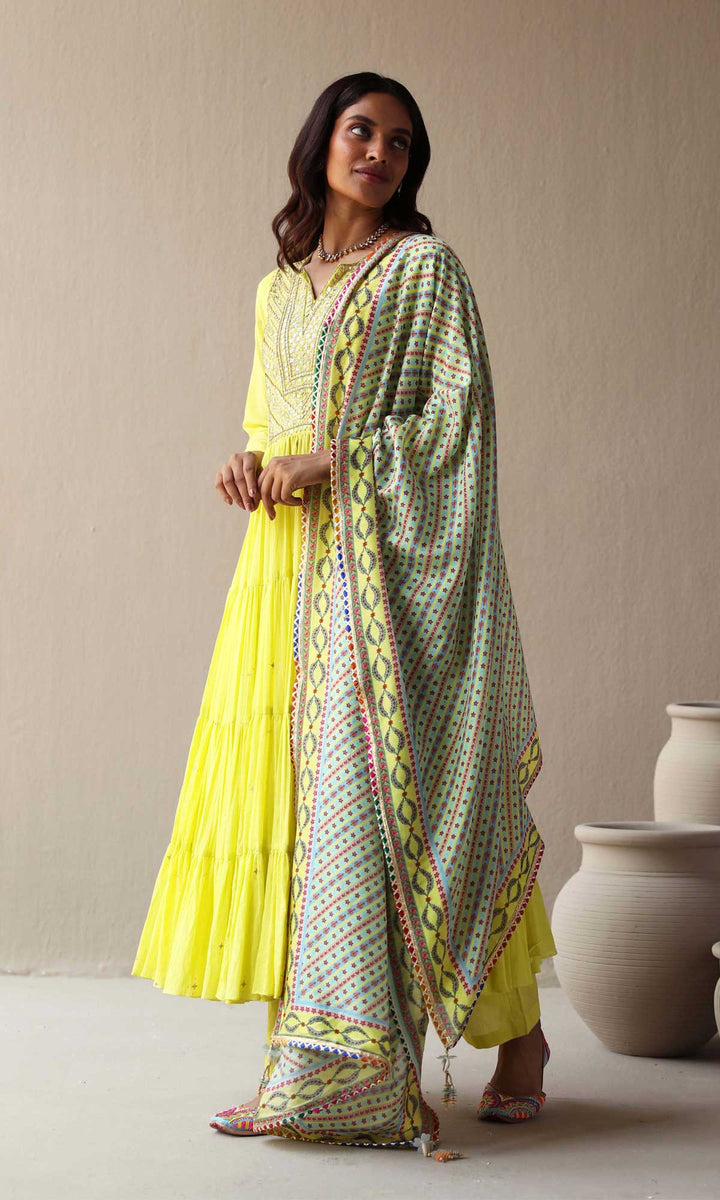 Maira Set- Baby Lime mulmul hand embroidered kurta with pants and dupatta (set of 3)