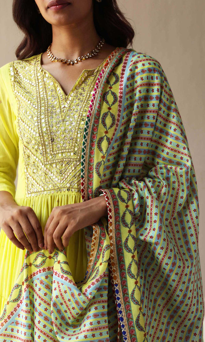 Maira Set- Baby Lime mulmul hand embroidered kurta with pants and dupatta (set of 3)