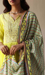 Maira Set- Mustard mulmul hand embroidered kurta with pants and dupatta (set of 3)