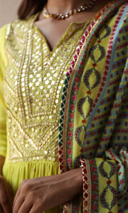 Maira Set- Mustard mulmul hand embroidered kurta with pants and dupatta (set of 3)