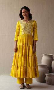 Maira Set- Mustard mulmul hand embroidered kurta with pants and dupatta (set of 3)