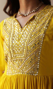 Maira Set- Mustard mulmul hand embroidered kurta with pants and dupatta (set of 3)