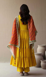 Maira Set- Mustard mulmul hand embroidered kurta with pants and dupatta (set of 3)