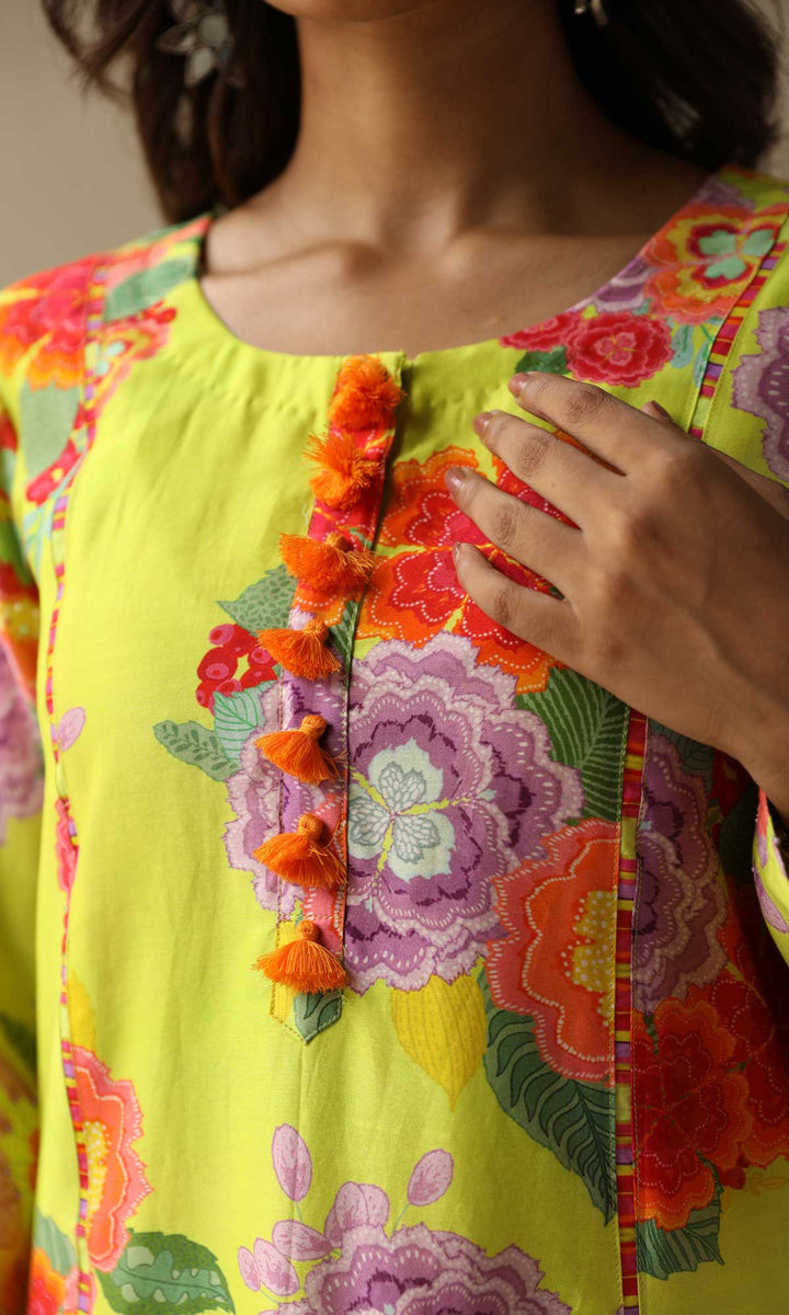 Nargis Set- Lime chanderi hand embroidered kurta with pants and embroidered dupatta (Set of 3)