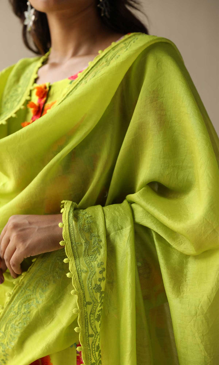 Nargis Set- Lime chanderi hand embroidered kurta with pants and embroidered dupatta (Set of 3)