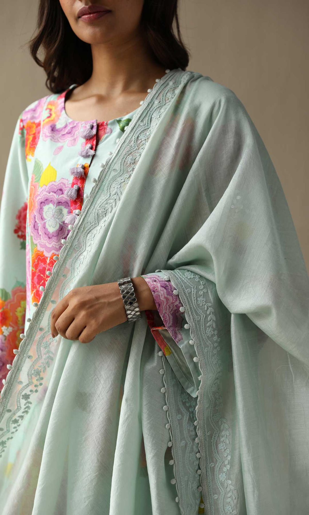 Nargis Set- Baby Blue chanderi hand embroidered kurta with pants and embroidered dupatta (Set of 3)