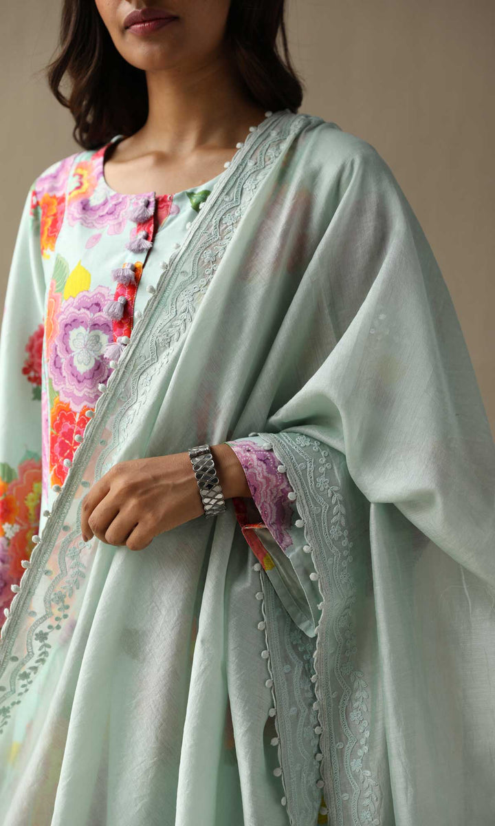 Nargis Set- Baby Blue chanderi hand embroidered kurta with pants and embroidered dupatta (Set of 3)