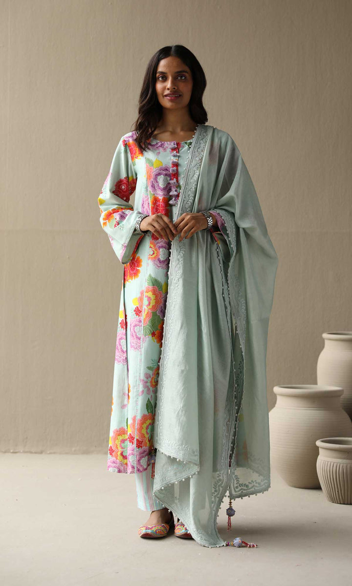 Nargis Set- Baby Blue chanderi hand embroidered kurta with pants and embroidered dupatta (Set of 3)