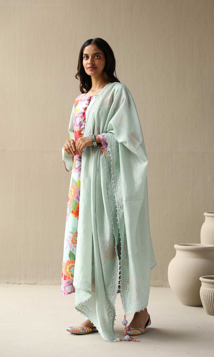 Nargis Set- Baby Blue chanderi hand embroidered kurta with pants and embroidered dupatta (Set of 3)