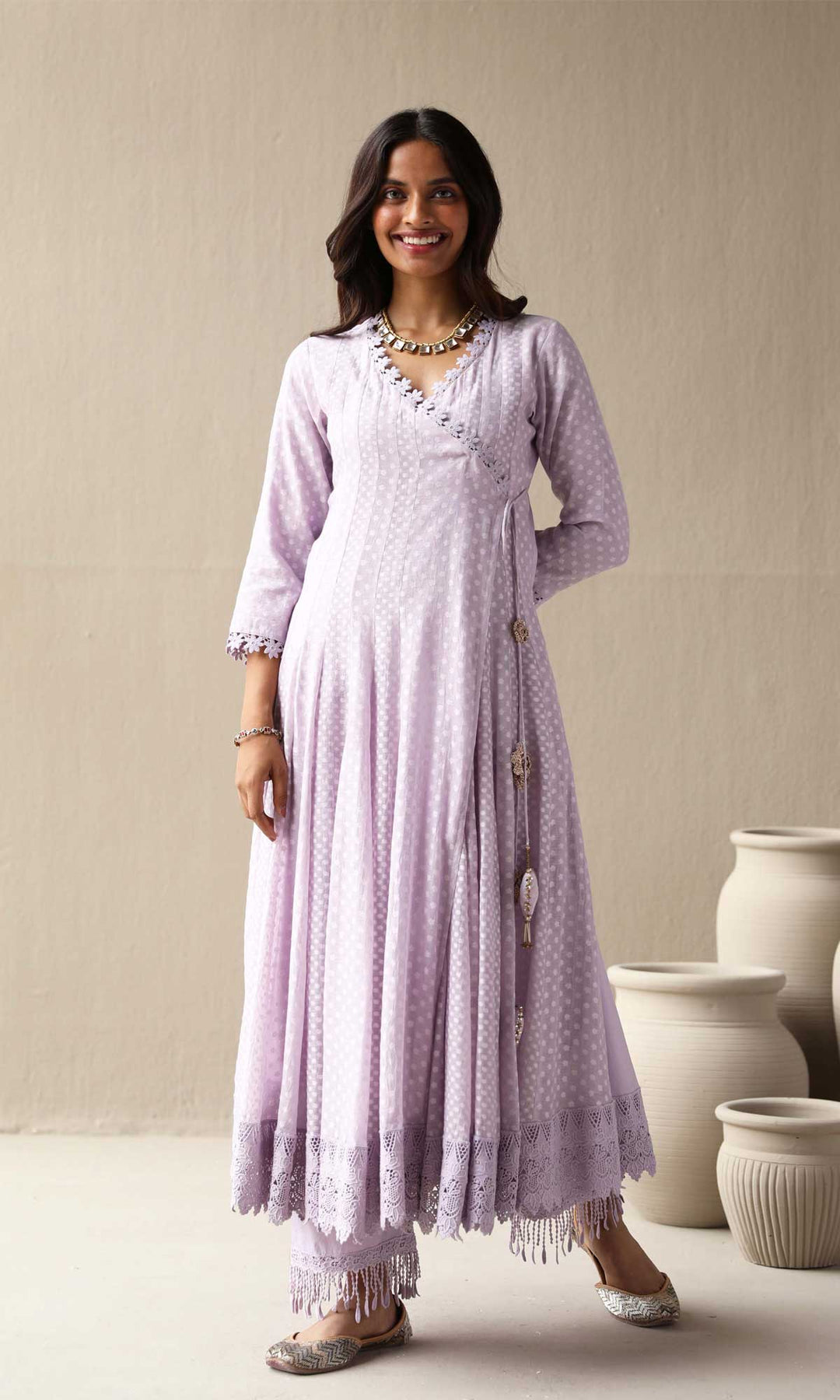 Aleyah Set- Lilac jamdani angrakha with pants and embroidered dupatta (Set of 3)