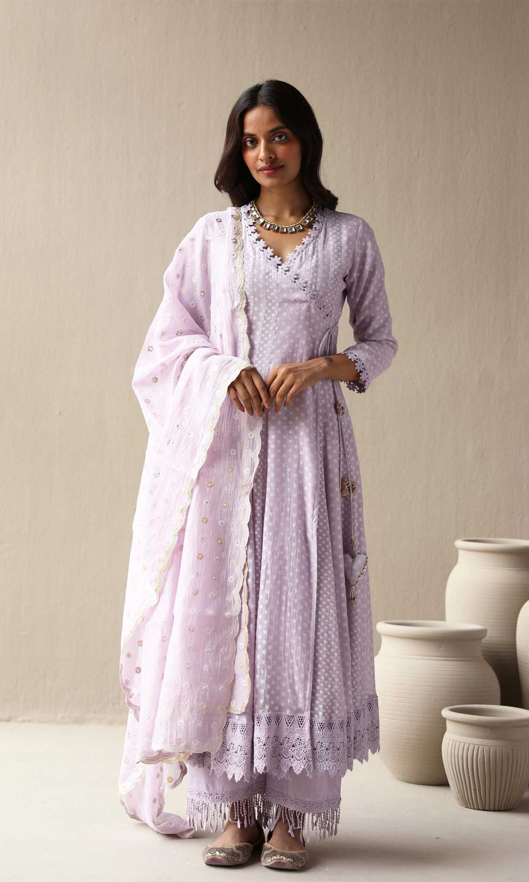 Aleyah Set- Lilac jamdani angrakha with pants and embroidered dupatta (Set of 3)