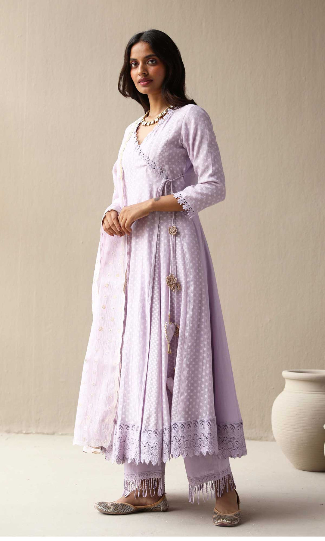 Aleyah Set- Lilac jamdani angrakha with pants and embroidered dupatta (Set of 3)