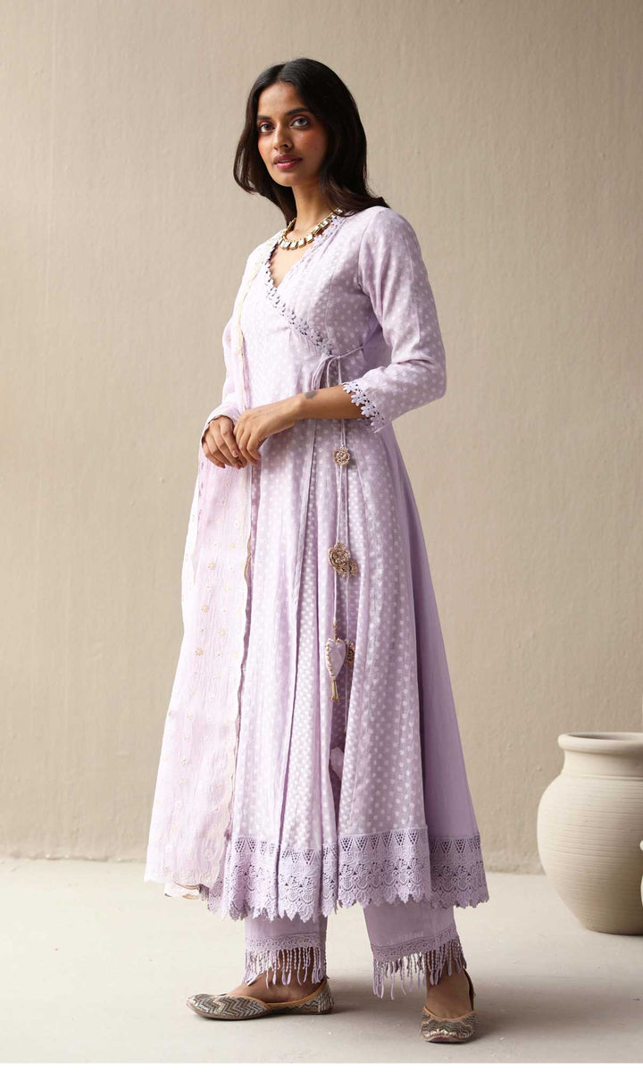 Aleyah Set- Lilac jamdani angrakha with pants and embroidered dupatta (Set of 3)