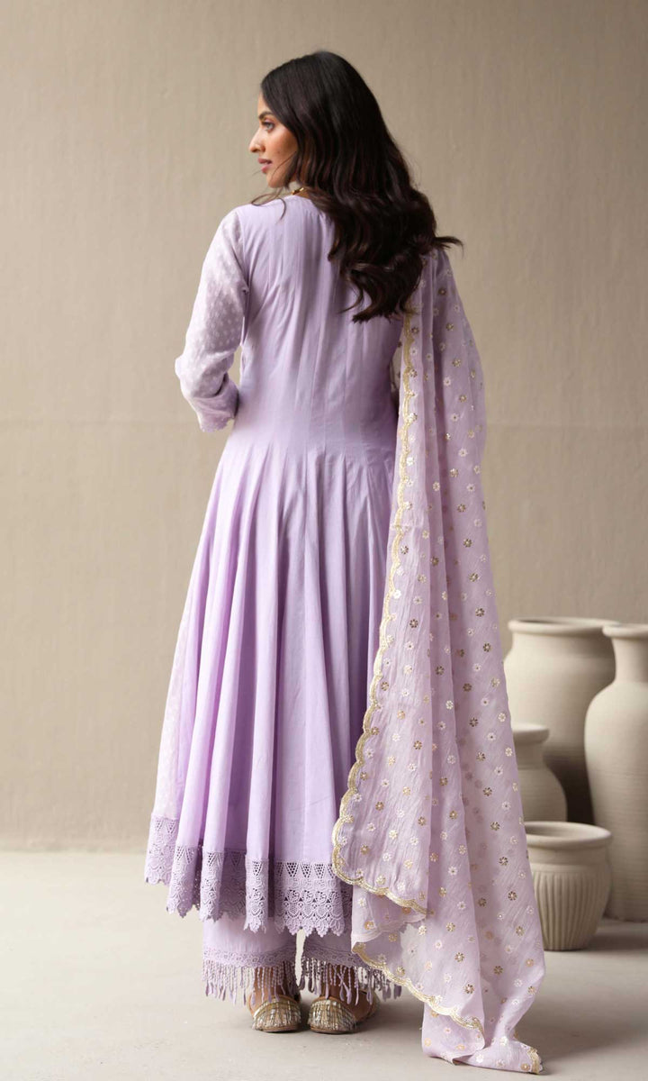 Aleyah Set- Lilac jamdani angrakha with pants and embroidered dupatta (Set of 3)