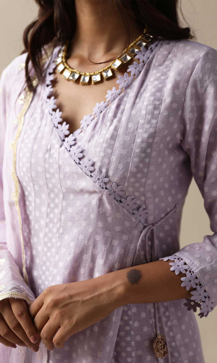 Aleyah Set- Lilac jamdani angrakha with pants and embroidered dupatta (Set of 3)