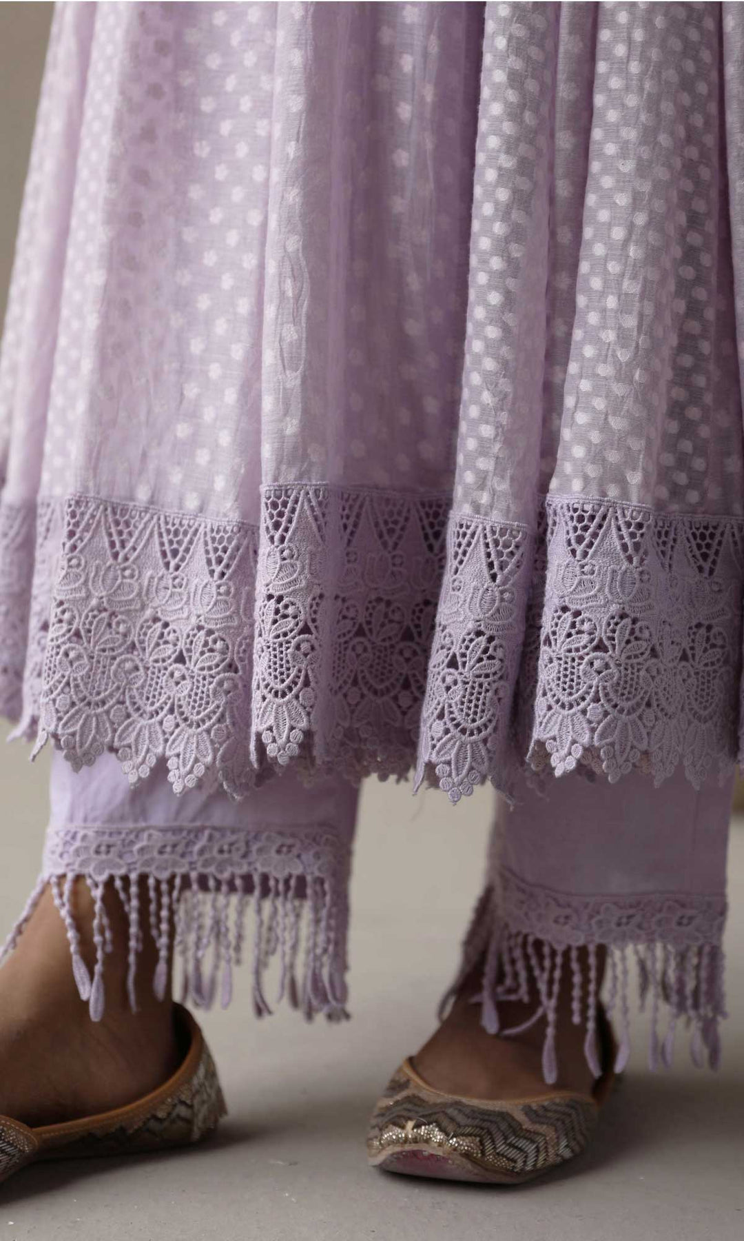 Aleyah Set- Lilac jamdani angrakha with pants and embroidered dupatta (Set of 3)