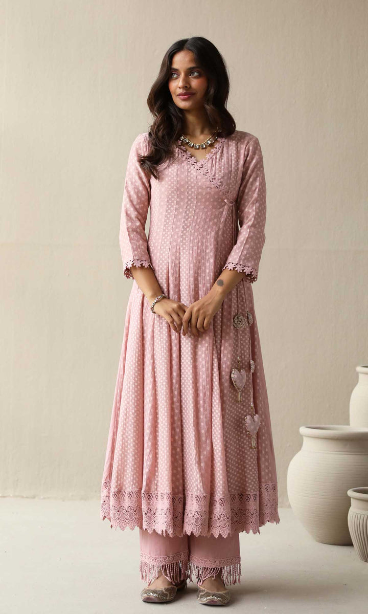Aleyah Set- Lilac jamdani angrakha with pants and embroidered dupatta (Set of 3)