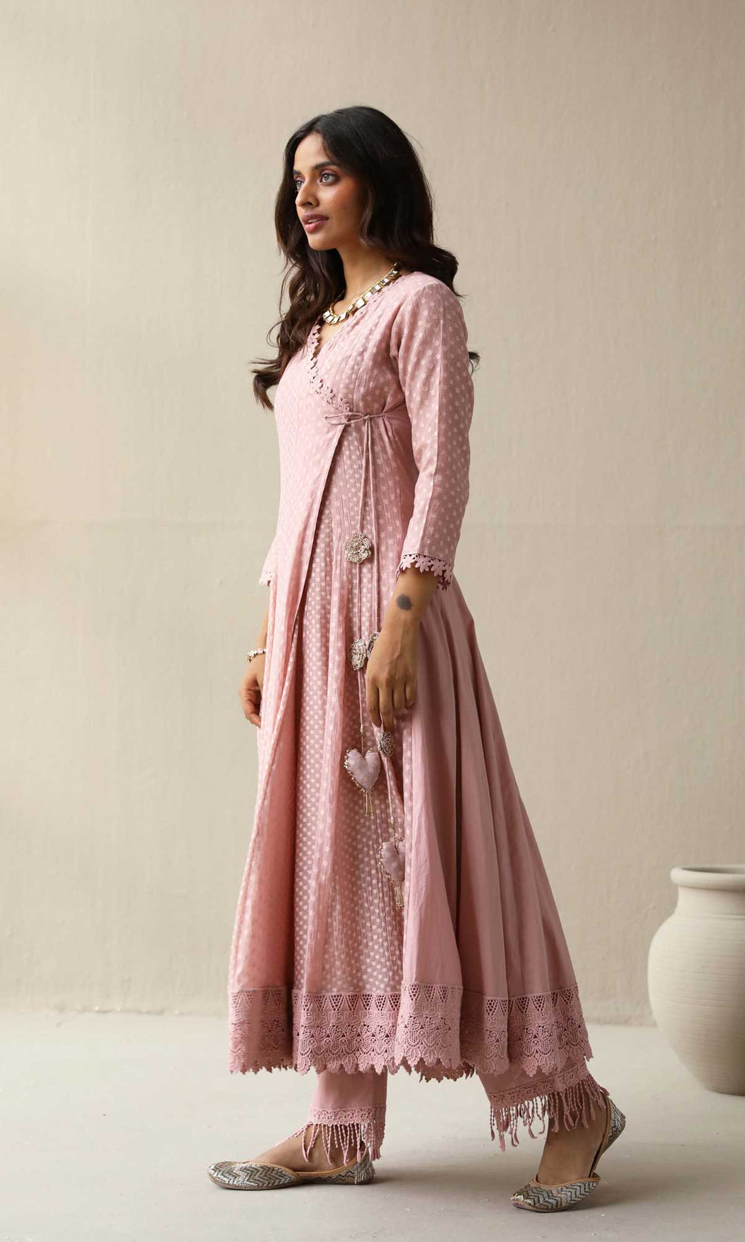 Aleyah Set- Lilac jamdani angrakha with pants and embroidered dupatta (Set of 3)